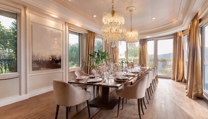 luxurious dining room with long table beige chairs crystal chandeliers and large windows