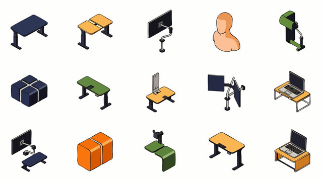 Isometric Collection of Modern Desks, Workstations, and Office Furniture Icons