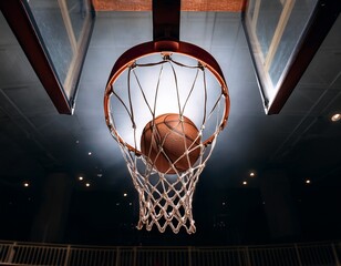 basketball in hoop dimly lit interior