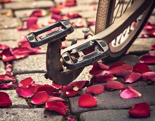 vintage bike pedals scattered rose petals