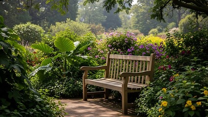 Obraz premium Tranquil wooden park bench nestled amidst vibrant green foliage and colorful blooming flowers in a serene botanical garden, inviting relaxation and peaceful contemplation on a sunny day.