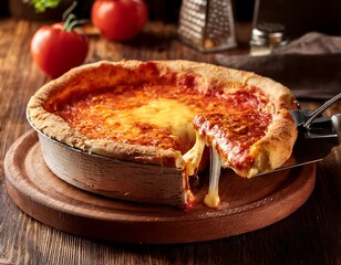 deep dish pizza with melted cheese ready to eat