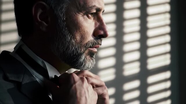 A distinguished man in a charcoal suit gracefully adjusts his black silk bowtie in a medium close-up video, framed by high-contrast chiaroscuro. Elegant contemplative mood