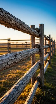 Rustic wooden livestock barrier defining the boundary of a traditional agricultural farmyard. Split rail fence texture detail in the countryside, wood, farmyard, ranch