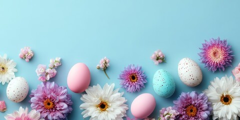 Pastel Easter eggs and bright flowers on blue background for spring decor