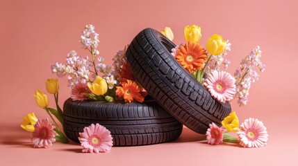 Tires with colorful flowers arranged for a vibrant still life display and decorative art