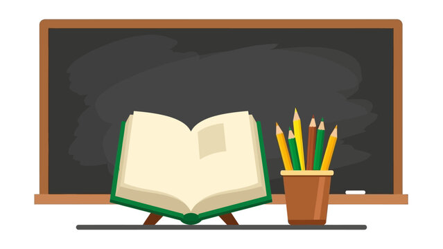 Open book with blackboard and pencils in classroom setting