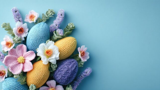 Colorful knitted Easter eggs with flowers bouquet in pastel blue background - Powered by Adobe