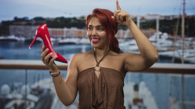 Woman holding red high heel shoe, smiling and points finger upward at a port marina near moored yachts on a seaside deck; joy fun celebration.