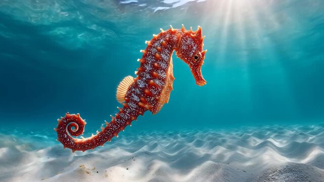 A vibrant orange seahorse gracefully swims through clear blue ocean waters illuminated by sunlight filtering from above 4k video