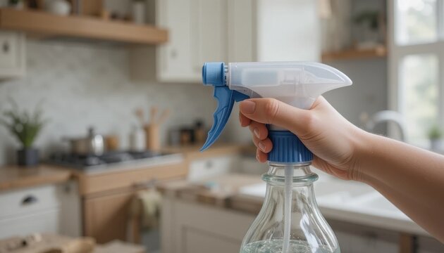 Hand Holding Spray Bottle in Modern Kitchen for Cleaning Tasks and Daily Chores