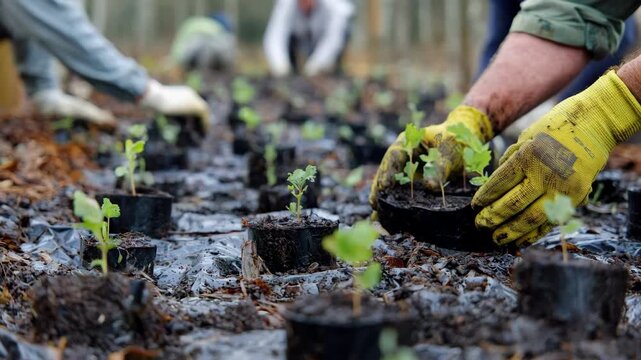 Captivating medium shot of saplings being planted in an arboretum highlighting a communitys commitment to memory and nature conservation.