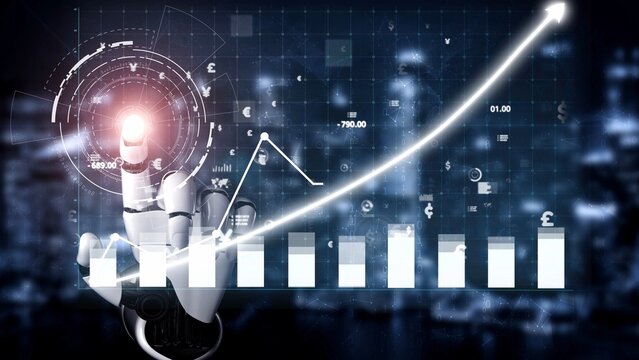 A futuristic robotic hand interacts with vibrant data graphs and digital charts, emphasizing innovation in technology, finance, and data analysis in a modern setting. Copula - Powered by Adobe