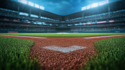Baseball stadium field diamond base grass dirt sport game empty baseball stadium field with home plate and green grass under stadium lights creating dramatic atmosphere before game start