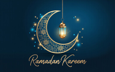 Elegant golden crescent moon holding a glowing lantern with ornate patterns wishing Ramadan Kareem.