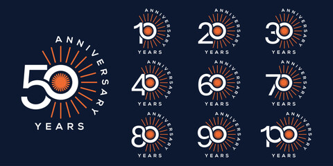 Collection of anniversary logo design. Celebration day special vector, firework sunlight symbol concept