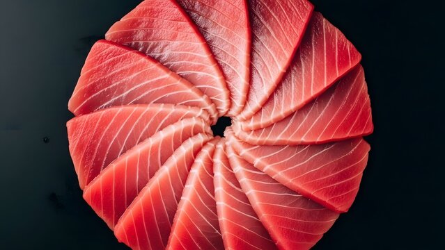 Beautifully arranged vibrant red slices of fresh raw tuna sashimi showcasing exquisite marbling texture ready for upscale japanese culinary preparation