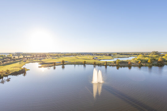 Aerial view of the Goodman Family Aggie Golf Complex, James ('95) and Sarina ('90) and Atlas Lake, in Bryan, Texas, United States.