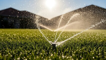 Vibrant green lawn being watered by a sprinkler at golden hour, with sparkling water droplets catching the warm sunlight and blurred suburban houses in the background, evoking freshness and growth.