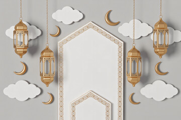 Elegant gold Ramadan lanterns and crescent moons adorn a decorative white mihrab frame with white clouds.