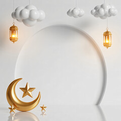 Modern Ramadan greeting background with crescent moon and hanging lanterns. Clean Islamic festive.
