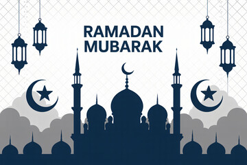 Ramadan Mubarak illustration with mosque silhouette and lanterns. Islamic night skyline greeting background.