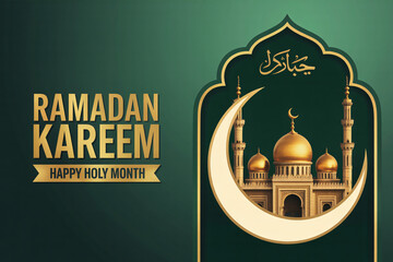 Ramadan Kareem greeting with mosque illustration and crescent moon on dark green background.