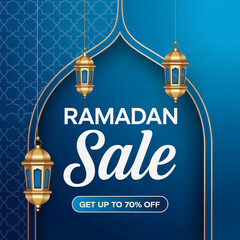 Ramadan sale vertical banner with hanging lanterns and blue Islamic pattern background.