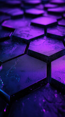 Abstract background of hexagonal tiles, with a modern design and a dynamic interplay of purple and blue hues, giving a futuristic look.
