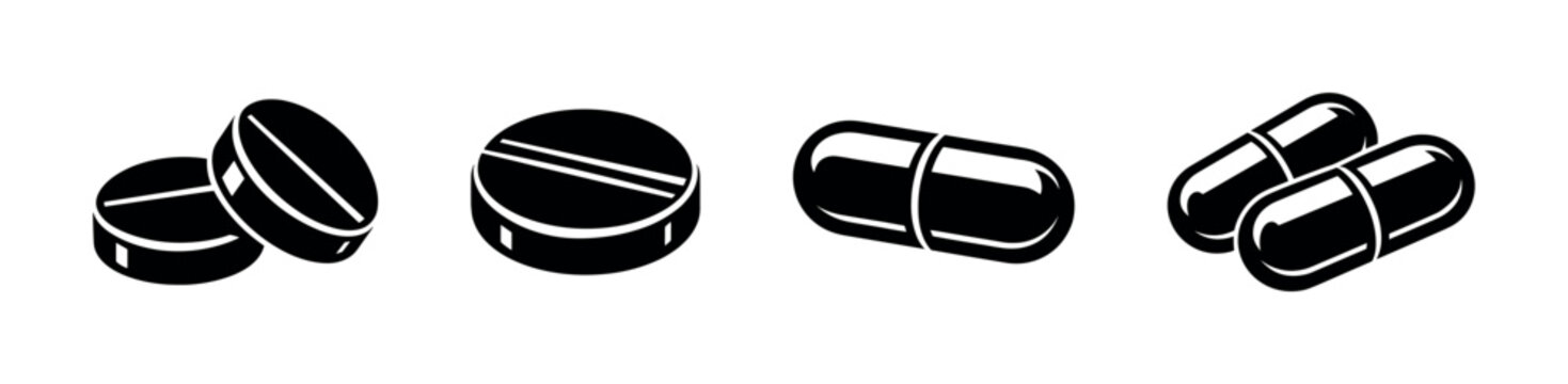 Medicine and pills vector icons set: capsules, tablets, healthcare symbols