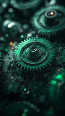 Intricate gear system reflecting innovative engineering. Gleaming metal and precise construction display complex mechanics.