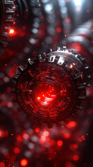 Gears with a glowing red center and abstract background evoke a sense of mystery and technological wonder in dark tones.