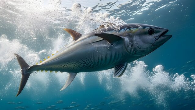 Powerful yellowfin tuna fish swimming dynamically near the ocean surface creating dramatic water bubbles and splashing motion during bright underwater daylight capture
