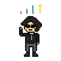 Fototapeta premium Businessman 8 bit office problem planning investigation with magnifying,work,analysis,leader,background,business concept,cartoon.