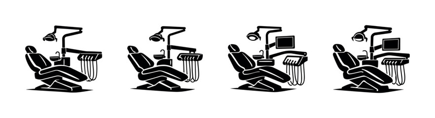 Obraz premium Dental care vector icons set: dentist chair, equipment in clinic, medical symbols