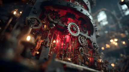 Intricate mechanical organ structure glows with internal red light against a muted background