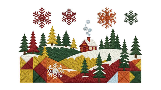 Winter landscape with house and snowflakes isolated on a transparent background
