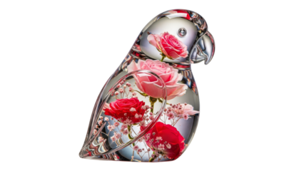 Refined clear glass bird sculpture with vibrant pink and red roses and delicate white blossoms encased, a unique decorative art object