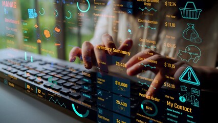 Inventory management dashboard showing supply chain performance, stock levels, order cycle times,...