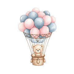 Adorable teddy bear flying in hot air balloon with colorful balloons on transparent background