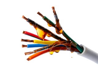 Damaged electrical wire with melted insulation and exposed copper strands