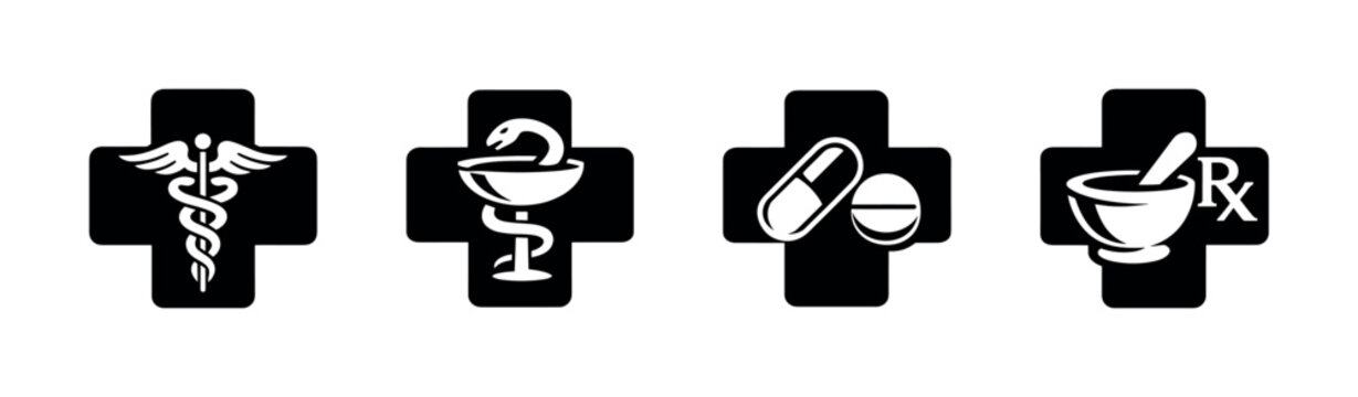Medical symbols vector icons set: healthcare, pharmacy, wellness, medicine symbols