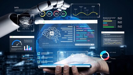 Futuristic Robot Hand Holding a Smart Device with Data Visualizations and AI Elements Representing Technology and Innovation in a Digital World Gluon.
