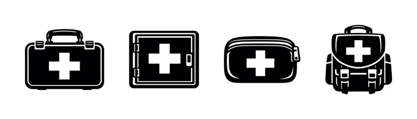 Obraz premium Medical kit vector icons set: first aid symbols, emergency essentials, healthcare