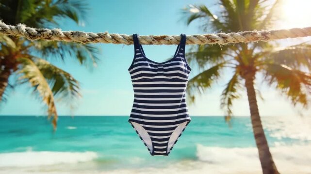 Swimsuit hangs on rope at beach with palm trees and ocean in background on sunny day
