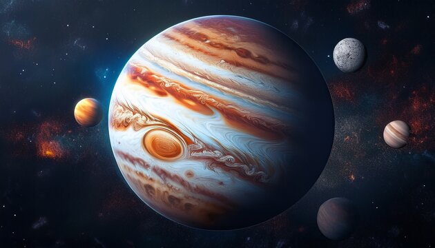 realistic view of the planet jupiter and its moons in deep space