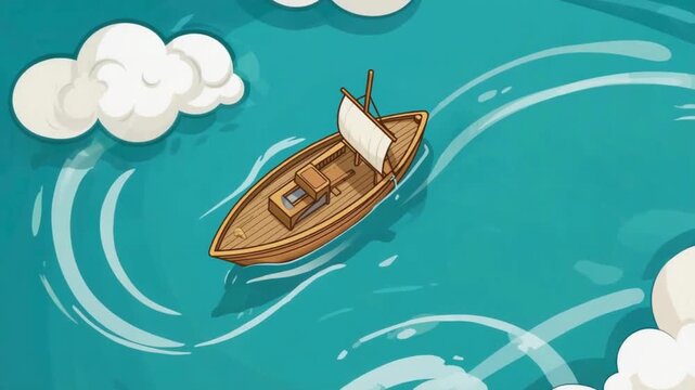 Animated Boat Sailing Through Calm Blue Water with Fluffy Clouds in Sky