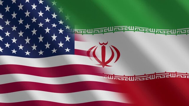 3D animation of United States vs Iran flags waving side by side. Metaphor for a political standoff, strategic conflict, and complex international relations.