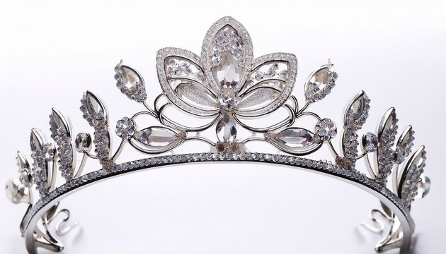 large ornate sparkling tiara with a large crystal flower on white background