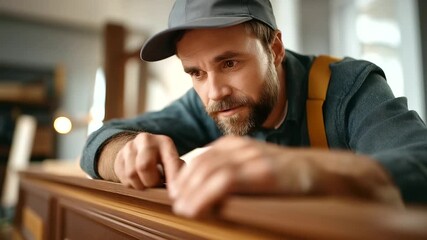 Faceless interior decorator carpenter performing wood work installation defocused house renovation construction background carpentry installation project home improvement crafts